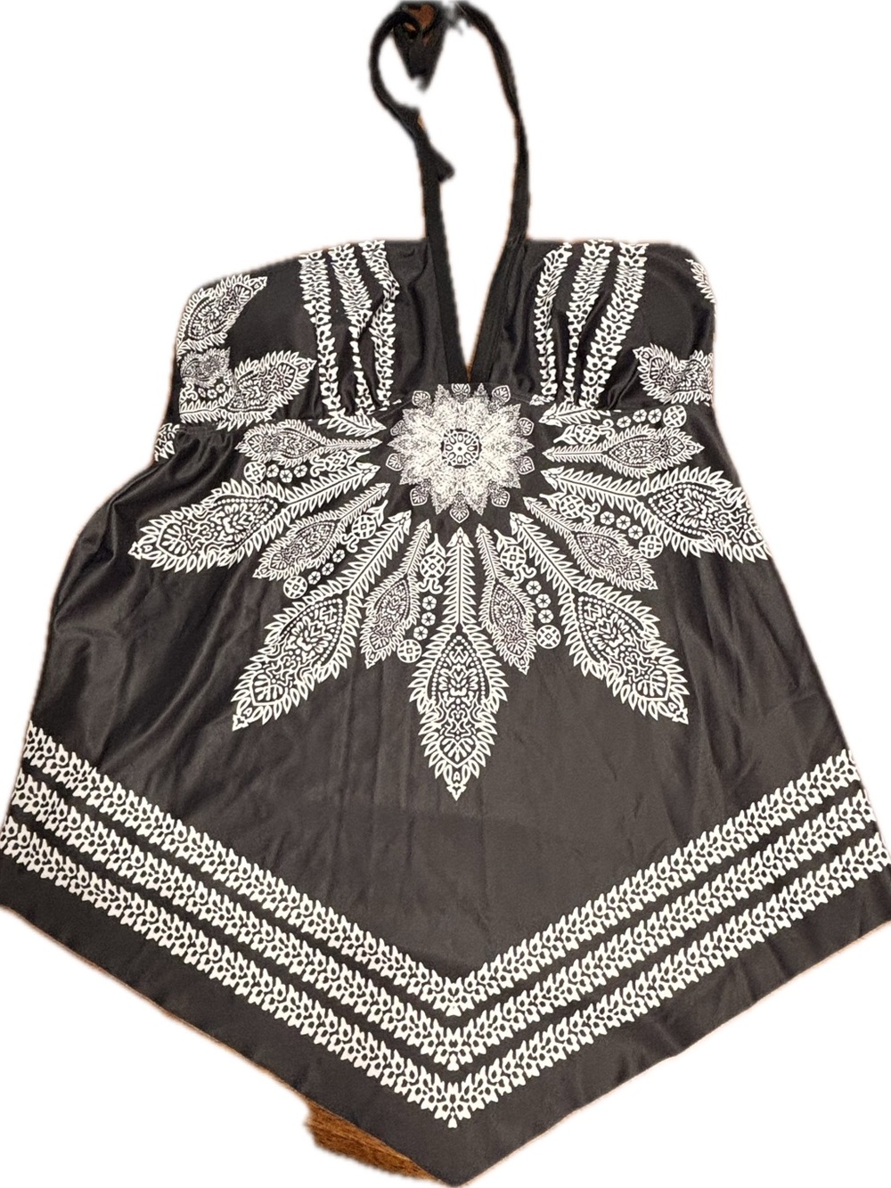 Black Halter Tankini Top with White Floral Mandala Print